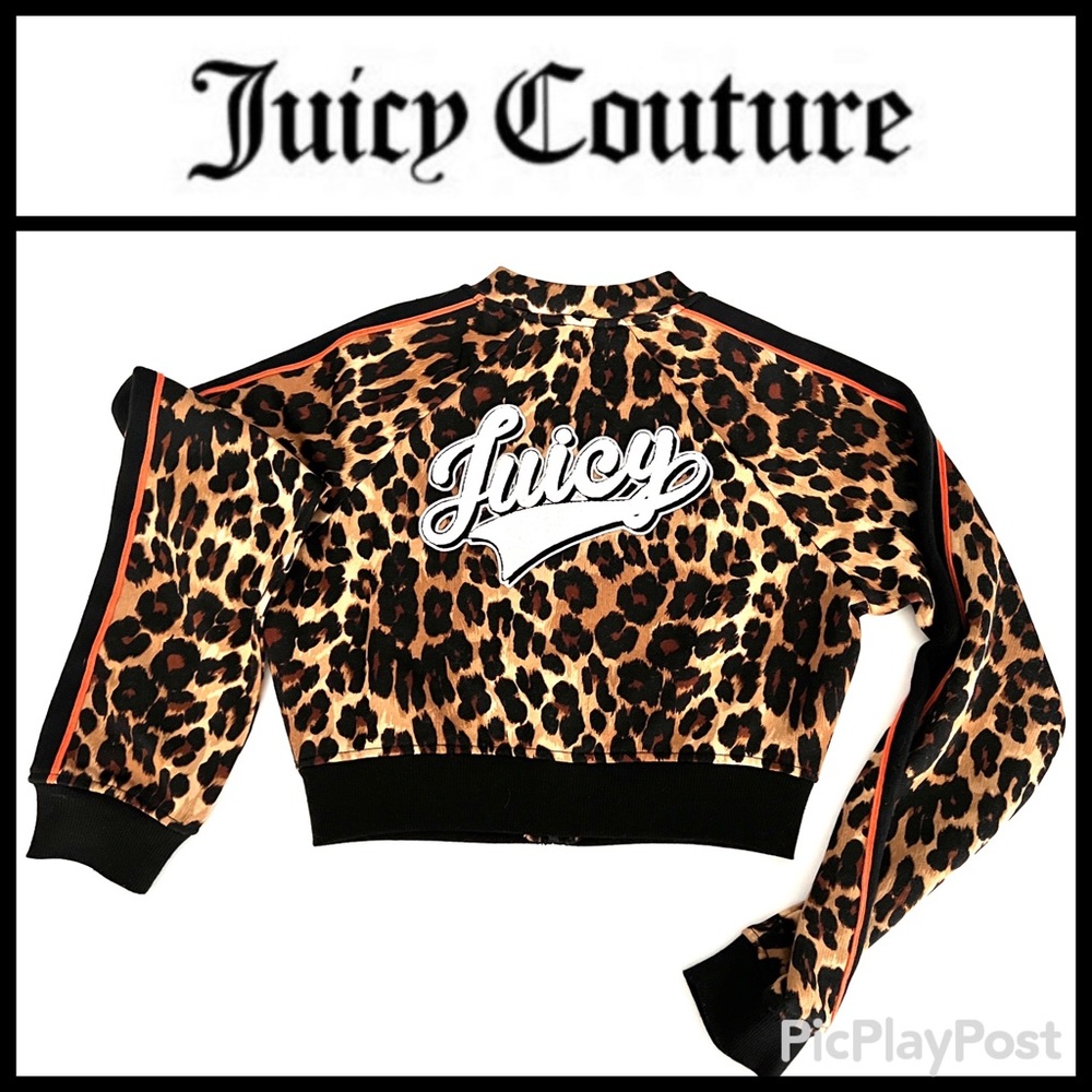 Juicy Couture Leopard Terry White Logo Crop Track Bomber Jacket Orange Piping